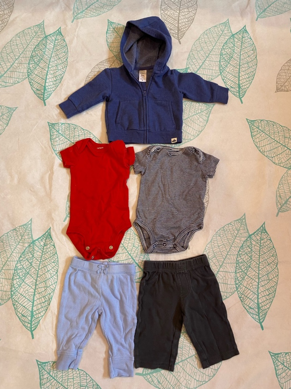 5pc Carter's Navy Hoodie & Red, Navy Stripe, Onsie, Light Blue, Black Pants.